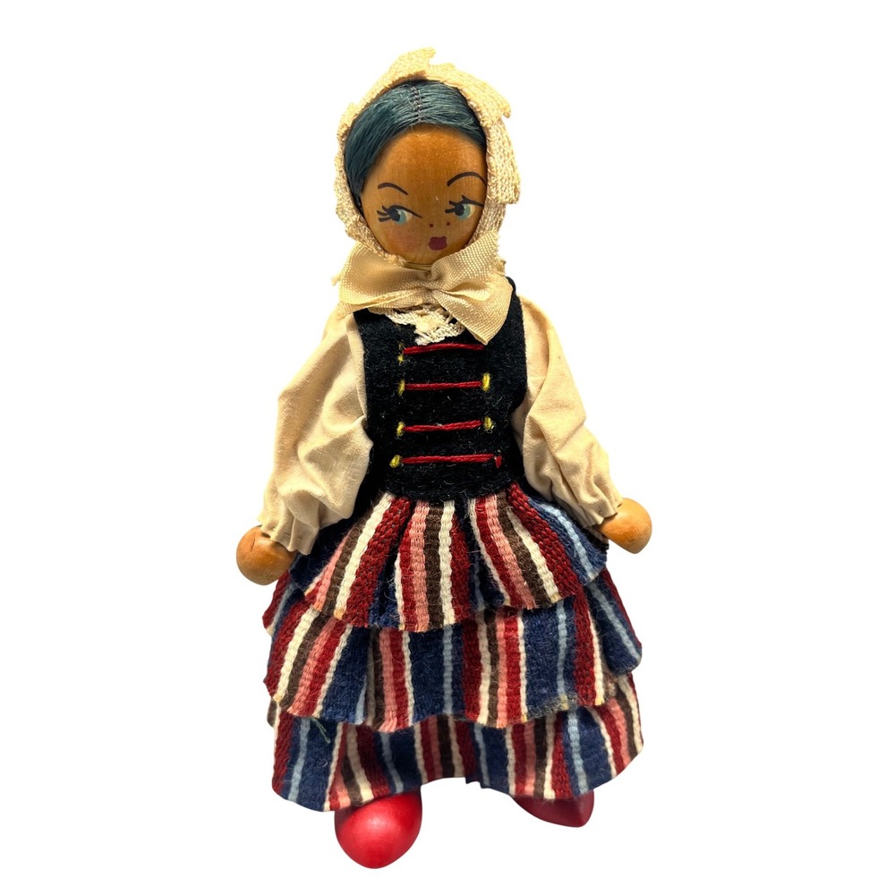 Polish Folk Art Wooden‎ Peg Doll Fabric Dress 7" Made In Poland Mid century